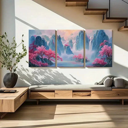 3pcs Artistic Landscape Painting Pink Blossoms Metal Print Ready to Hang Art - Bella Home Decor