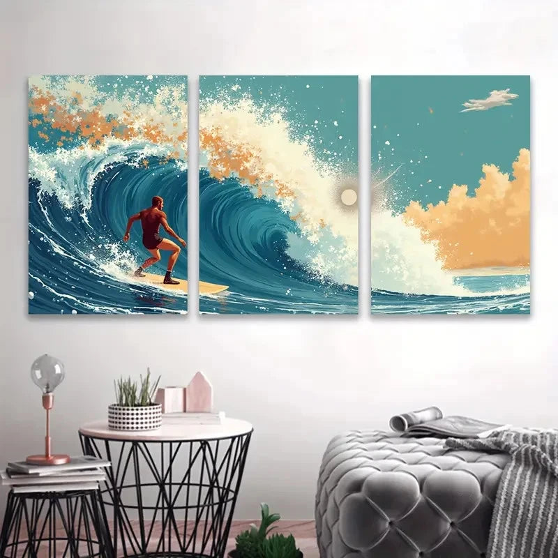 3pcs Surfers Riding Waves Coastal Art Wall Art Set Canvas Framed 50x70cm - High Quality Print 100% Australian Made Wall Canvas Ready to Hang