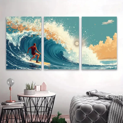 3pcs Surfers Riding Waves Coastal Art Wall Art Set Canvas Framed 50x70cm - High Quality Print 100% Australian Made Wall Canvas Ready to Hang