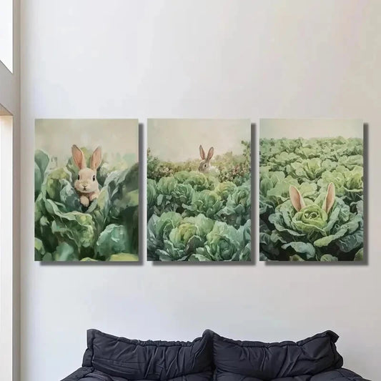 3pcs Rabbits in the vegetable garden, lovely Metal Print Ready to Hang Art
