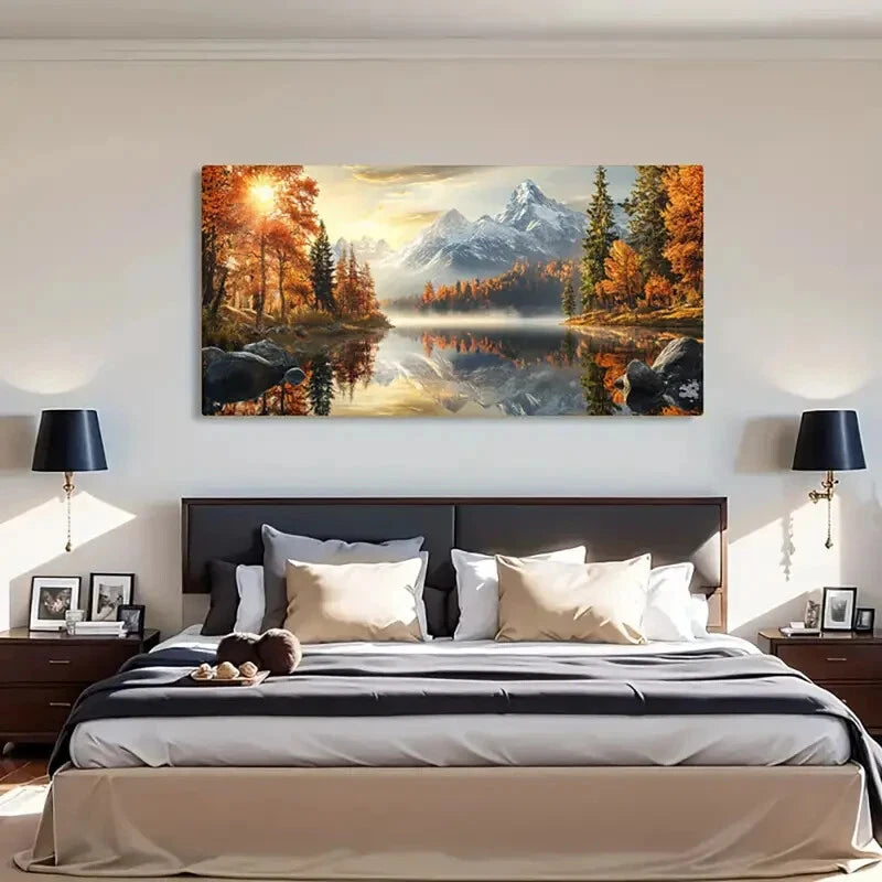 Golden Trees Snowy Peaks Autumn Wall Art Canvas Office Home Room Framed 120x60cm