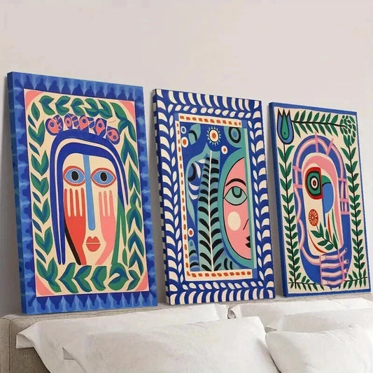 3pcs Art Deco Folk Abstract Face Wall Art Set Canvas Framed 50x70cm - High Quality Print 100% Australian Made Wall Canvas Ready to Hang