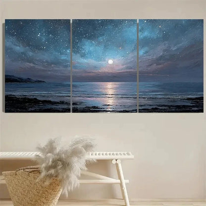 3pcs Luxury Moonlit Seascape Starry Sky Wall Art Set Canvas Framed 60x90cm - High Quality Print 100% Australian Made Wall Canvas Ready to Hang