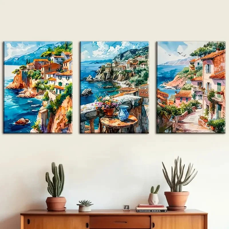 3pcs Vibrant Ocean Views with Colorful Buildings Metal Print Ready to Hang Art - Bella Home Decor