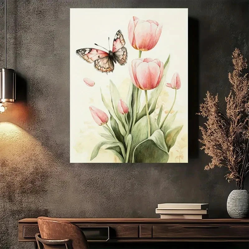 Beautiful Spring Tulips And Butterfly Painting 40x60cm Metal Print Ready to Hang - Bella Home Decor