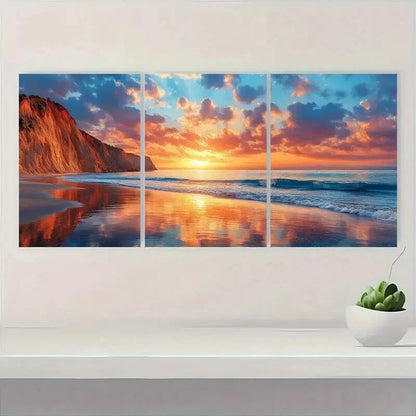 3pcs Scenic Beach Waves & Cliffs Reflections Metal Print Ready to Hang Art - Bella Home Decor