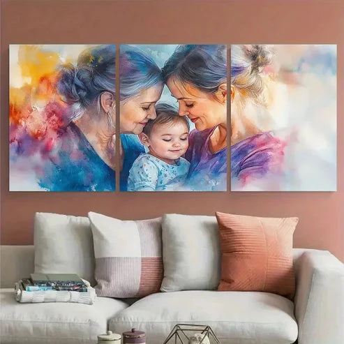 3pcs Mother Grandma Family Portrait Watercolor Wall Art Canvas Unframed - High Quality Print 100% Australian Made Wall Canvas