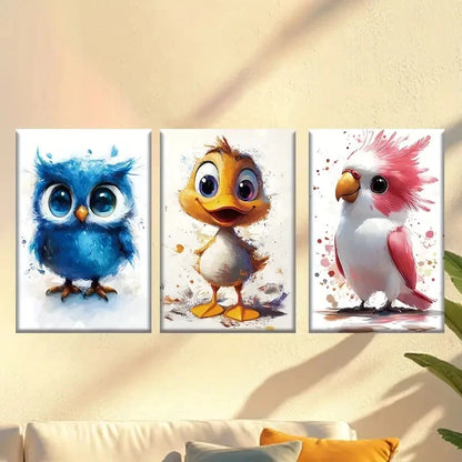 3pcs Cartoon Owl Yellow Duck Pink Parrot Wall Art Set Canvas Framed 50x70cm - High Quality Print 100% Australian Made Wall Canvas Ready to Hang - Bella Home Decor