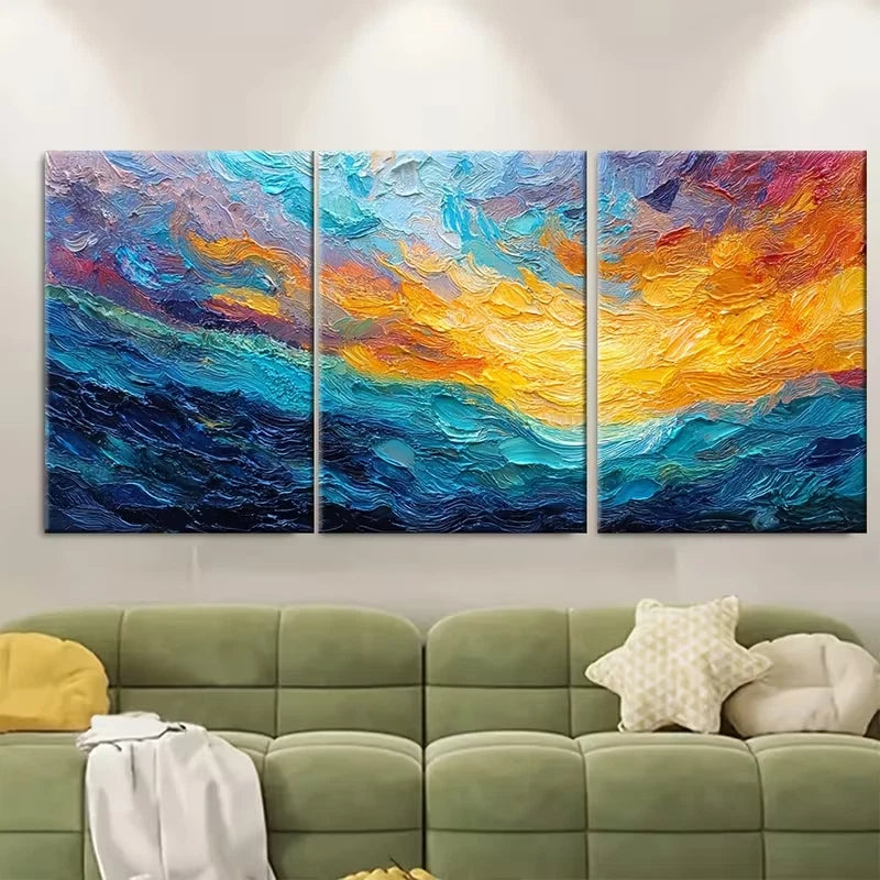 3pcs Abstract Sunrise Ocean Oil Painting Metal Print Ready to Hang Art - Bella Home Decor