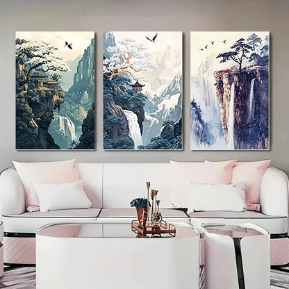 3pcs Vertical Mountain Waterfall & Pine  VMW  Wall Art Canvas Framed 40x60cm - High Quality Print 100% Australian Made Wall Canvas Ready to Hang - Bella Home Decor