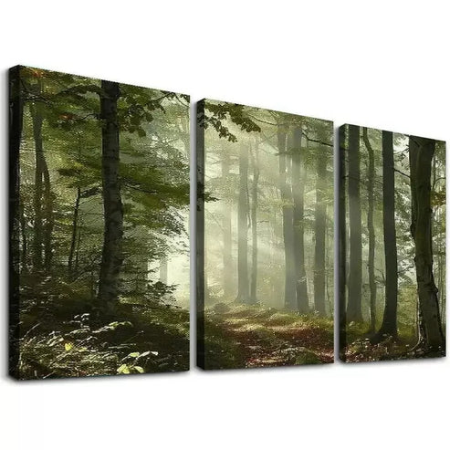 3pcs Classic Style Green Fall Forest Sun Rays Canvas Unframed - High Quality Print 100% Australian Made Wall Canvas - Bella Home Decor