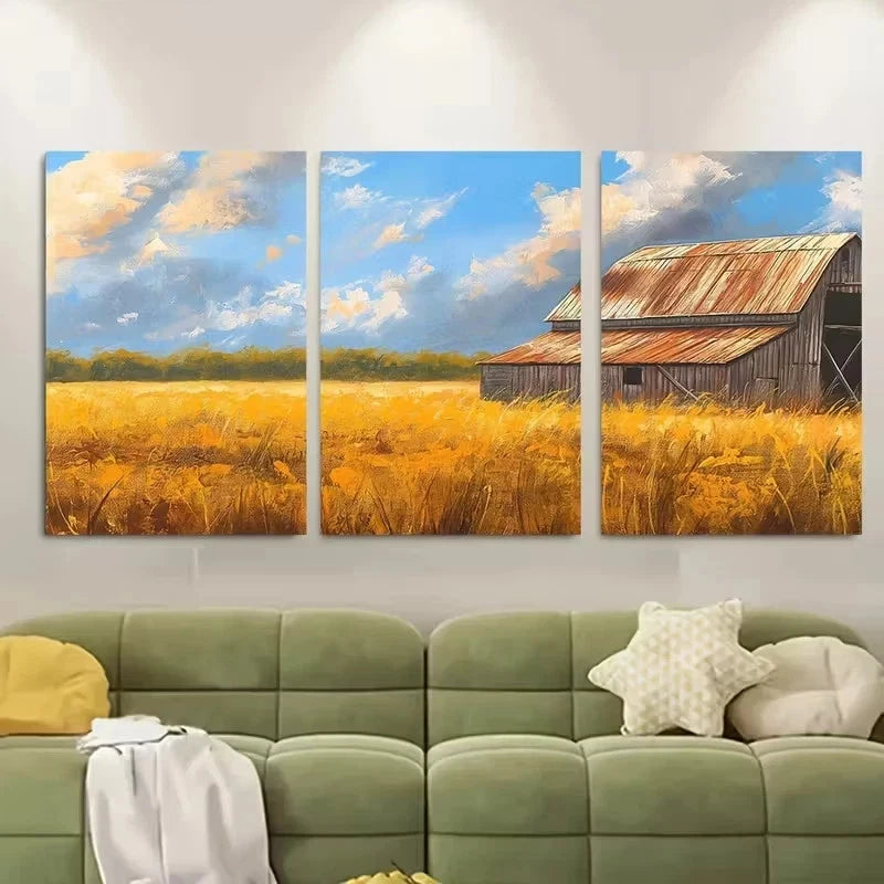3pcs Wooden Barn & Golden Wheat Field Wall Art Set Canvas Framed 60x90cm - High Quality Print 100% Australian Made Wall Canvas Ready to Hang