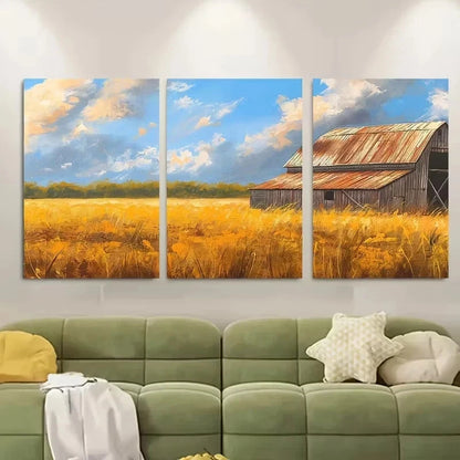 3pcs Wooden Barn & Golden Wheat Field Wall Art Set Canvas Framed 60x90cm - High Quality Print 100% Australian Made Wall Canvas Ready to Hang