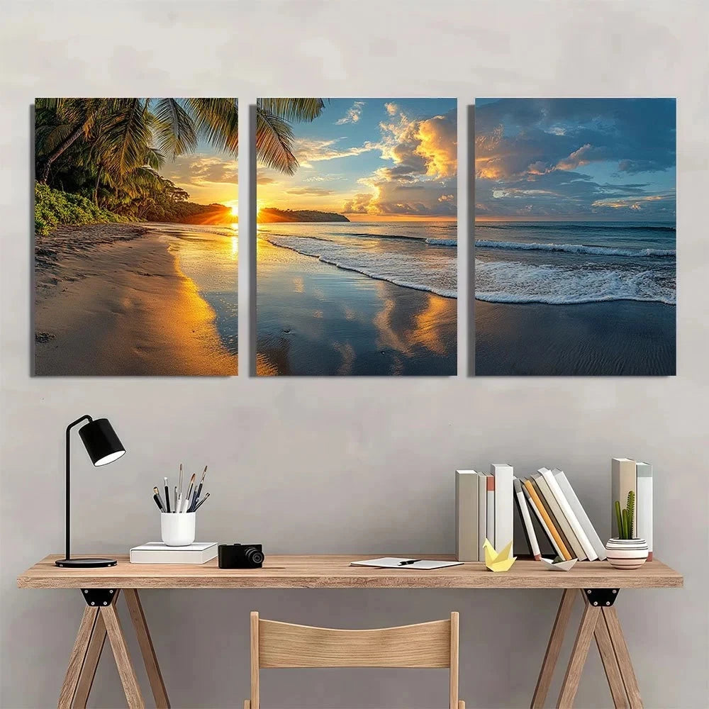 3pcs Beach Scenery Coconut Trees Sunset Metal Print Ready to Hang Art - Bella Home Decor