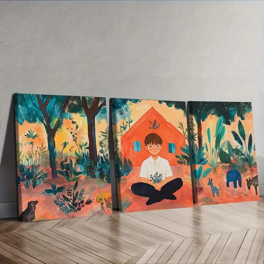 3pcs Vibrant Boy & Wildlife Scenes Wall Art Set Canvas Framed 50x70cm - High Quality Print 100% Australian Made Wall Canvas Ready to Hang
