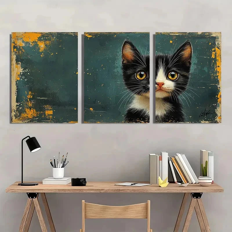 3pcs Black and White Spotted Kittens Metal Print Ready to Hang Art - Bella Home Decor