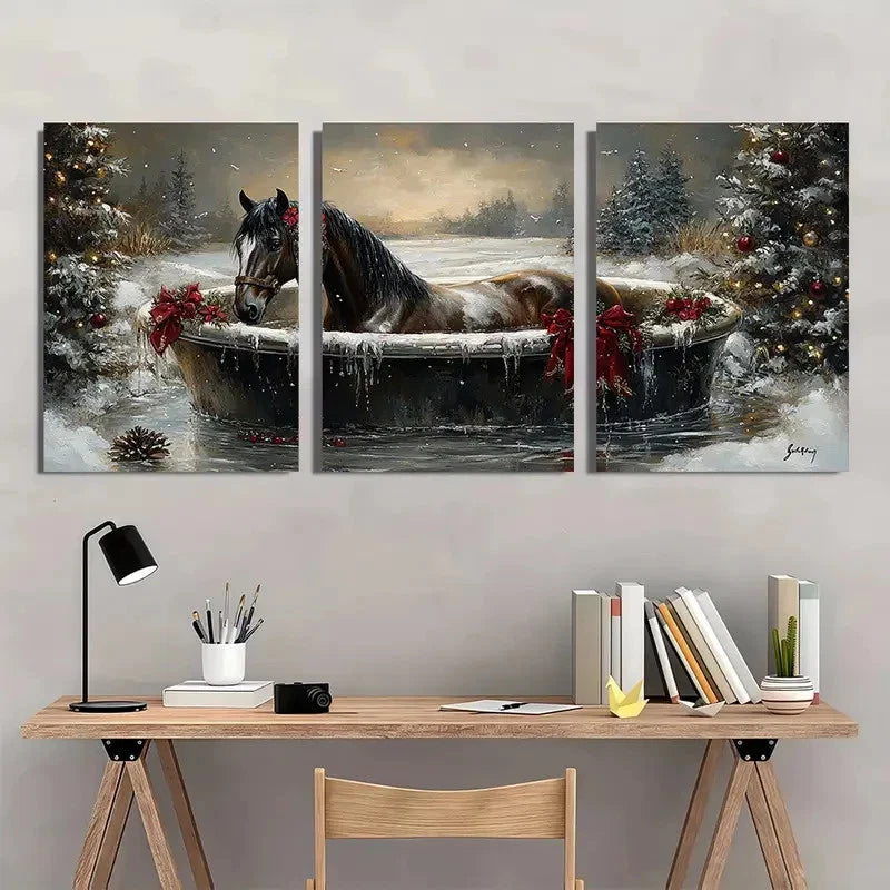 3pcs Dark Horse in Bathtub Scene Metal Print Ready to Hang Art - Bella Home Decor