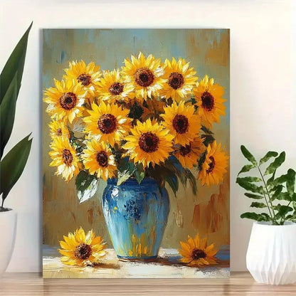 Beautiful Realistic Yellow Flowers in Blue Vase 40x60cm Metal Print Ready to Hang - Bella Home Decor