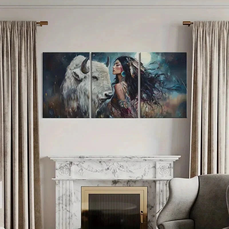3pcs White Buffalo Dreamcatcher Tribal Woman Metal Print Ready to Hang Art - Bella Home Decor