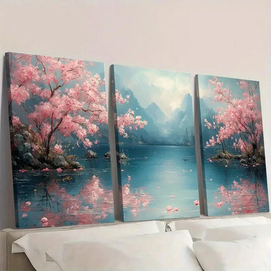 3pcs Japanese-Inspired Cherry Blossom QW Wall Art Set Canvas Framed 50x70cm - High Quality Print 100% Australian Made Wall Canvas Ready to Hang