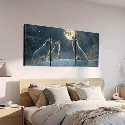 3pcs Wolves Howling at the White Moon Art Set Canvas Unframed - High Quality Print 100% Australian Made Wall Canvas