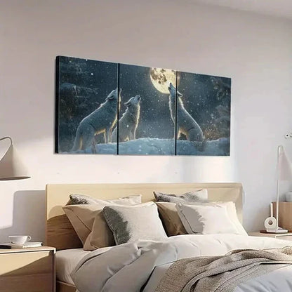 3pcs Wolves Howling at the White Moon Art Set Canvas Unframed - High Quality Print 100% Australian Made Wall Canvas