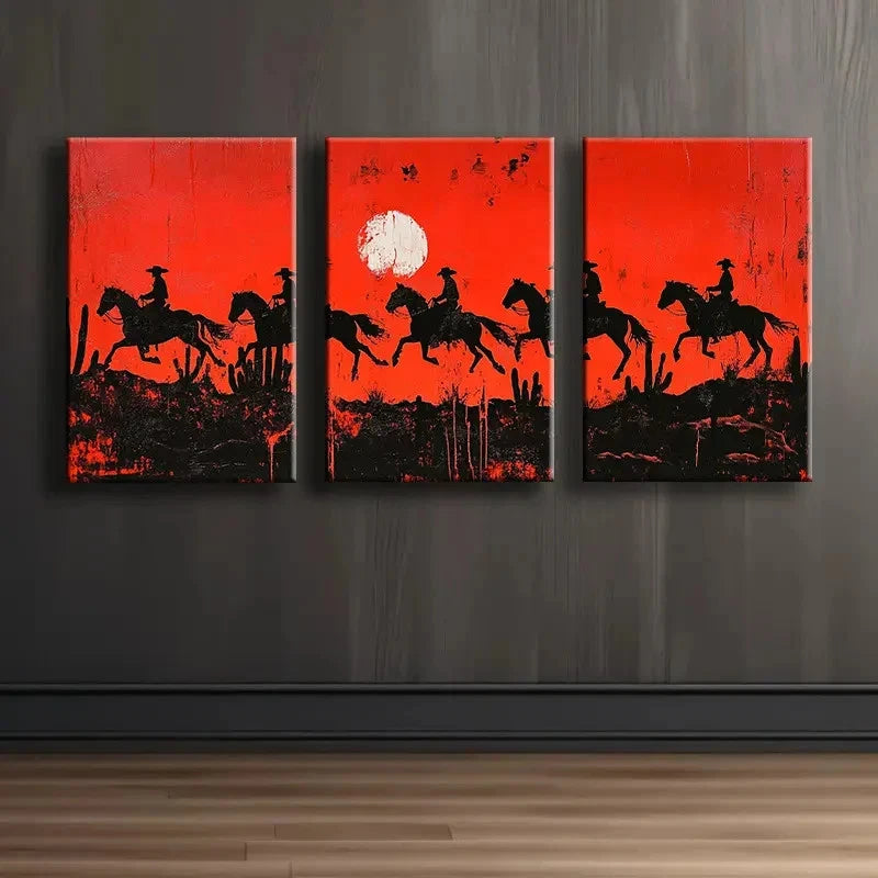 3pcs Sunset Cowboy Theme Wall Art Set Canvas Framed 50x70cm - High Quality Print 100% Australian Made Wall Canvas Ready to Hang