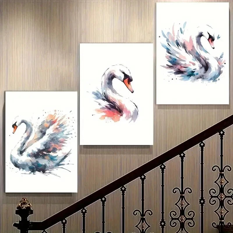 3pcs White Swan Animal Illustration Metal Print Ready to Hang Art