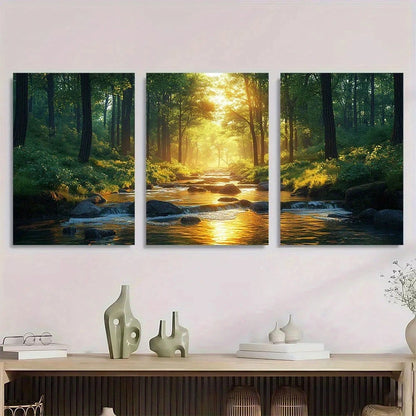 3pcs Vibrant Natural Scene Forest Stream Metal Print Ready to Hang Art - Bella Home Decor