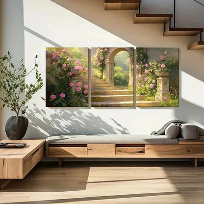 3pcs Pink Roses Stone Steps & Lush Greenery Metal Print Ready to Hang Art - Bella Home Decor