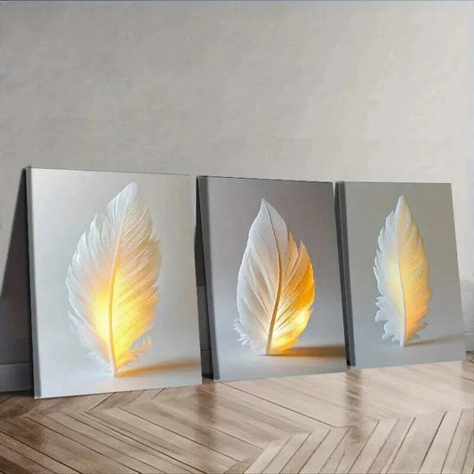3pcs Feathers that glow Wall Art Set Canvas Framed 50x70cm - High Quality Print 100% Australian Made Wall Canvas Ready to Hang