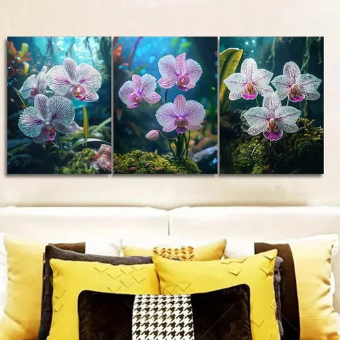 3pcs Purple striped orchids grow on moss Wall Art Set Canvas Unframed - High Quality Print 100% Australian Made Wall Canvas - Bella Home Decor