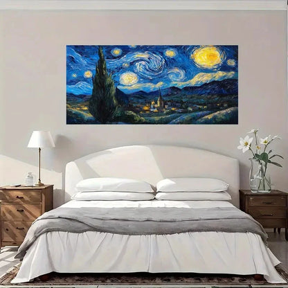 Starry Night Sky & Village Land Wall Art Canvas Office Home Room Framed 120x60cm