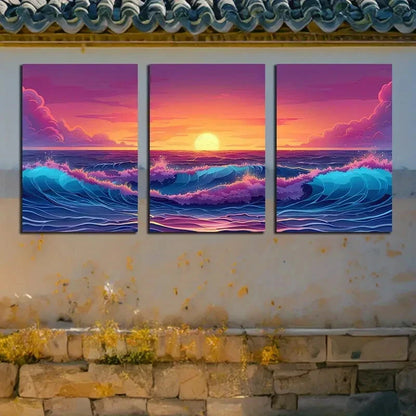 3pcs Ocean Sunset Series, Abstract Sea at Dusk Metal Print Ready to Hang Art - Bella Home Decor