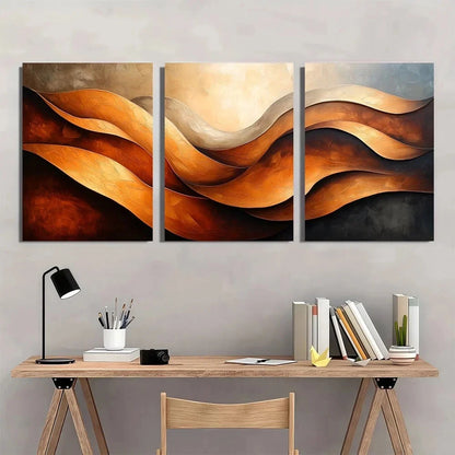 3pcs Modern Abstract Swirling Brown Metal Print Ready to Hang Art - Bella Home Decor