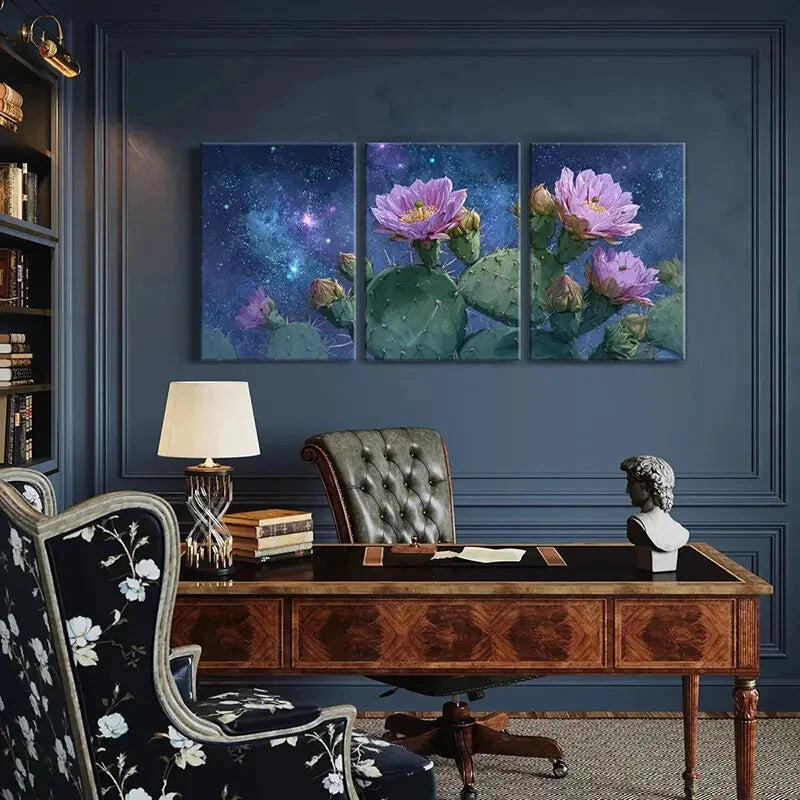 3pcs Set of Vibrant Cactus Flower Cosmic Theme Metal Print Ready to Hang Art - Bella Home Decor