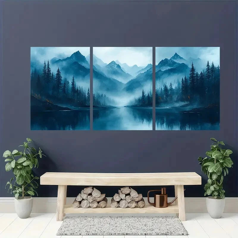 3pcs Mountain & Emerald Green Forest Landscape Metal Print Ready to Hang Art - Bella Home Decor