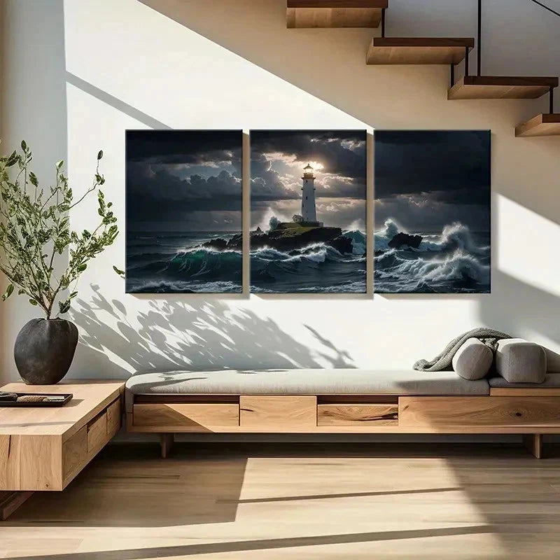 3pcs Sea Lighthouse Wave Island Vintage Wall Art Set Canvas Framed 50x70cm - High Quality Print 100% Australian Made Wall Canvas Ready to Hang