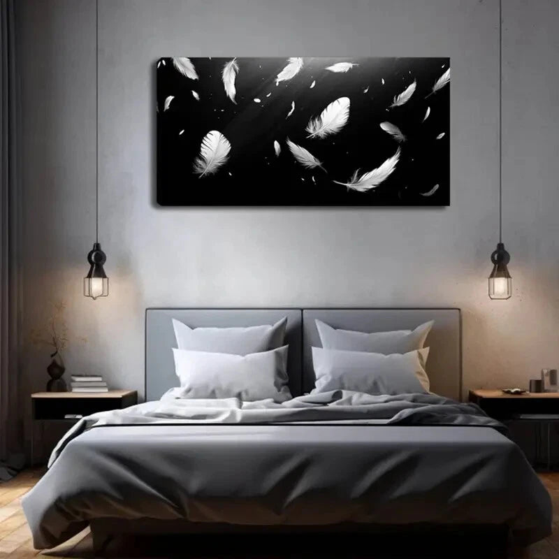 Elegant White Feathers Black Wall Art Canvas Office Home Room Framed 120x60cm - Bella Home Decor