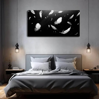 Elegant White Feathers Black Wall Art Canvas Office Home Room Framed 120x60cm - Bella Home Decor