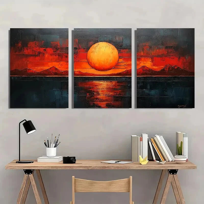 3pcs Abstract Sunset Beige & Brown Geometric Metal Print Ready to Hang Art - Bella Home Decor