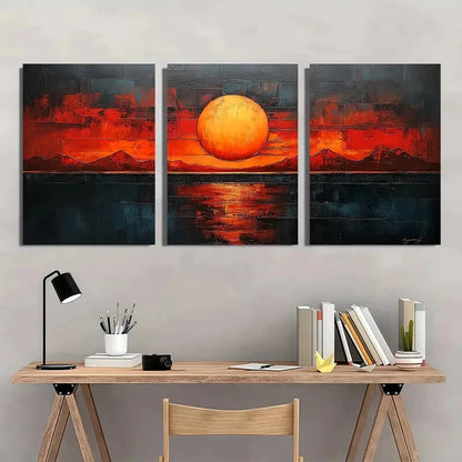 3pcs Abstract Sunset Beige & Brown Geometric Metal Print Ready to Hang Art - Bella Home Decor
