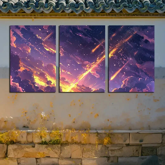 3pcs Vibrant Clouds with Asteroids Illustration Metal Print Ready to Hang Art - Bella Home Decor