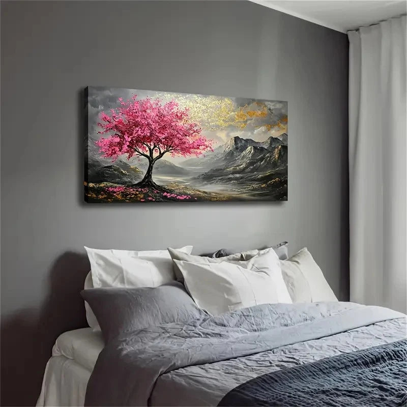 Vibrant Pink Floral Mountain Wall Art Canvas Office Home Room Framed 120x60cm