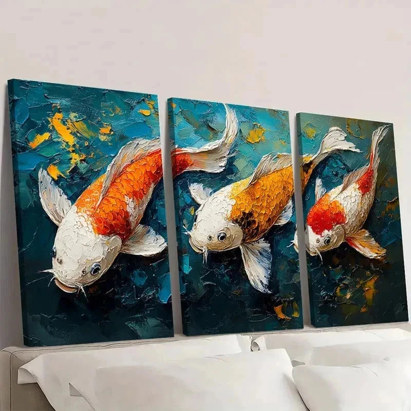 3pcs Golden & White Fish in Blue Background S Wall Art Set Canvas Framed 60x90cm - High Quality Print 100% Australian Made Wall Canvas Ready to Hang - Bella Home Decor