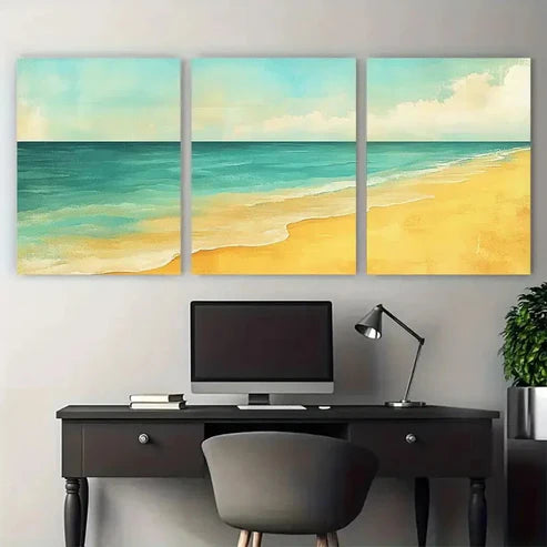 3pcs Muted Turquoise and Naples Yellow Beach Wall Art Canvas Unframed - High Quality Print 100% Australian Made Wall Canvas