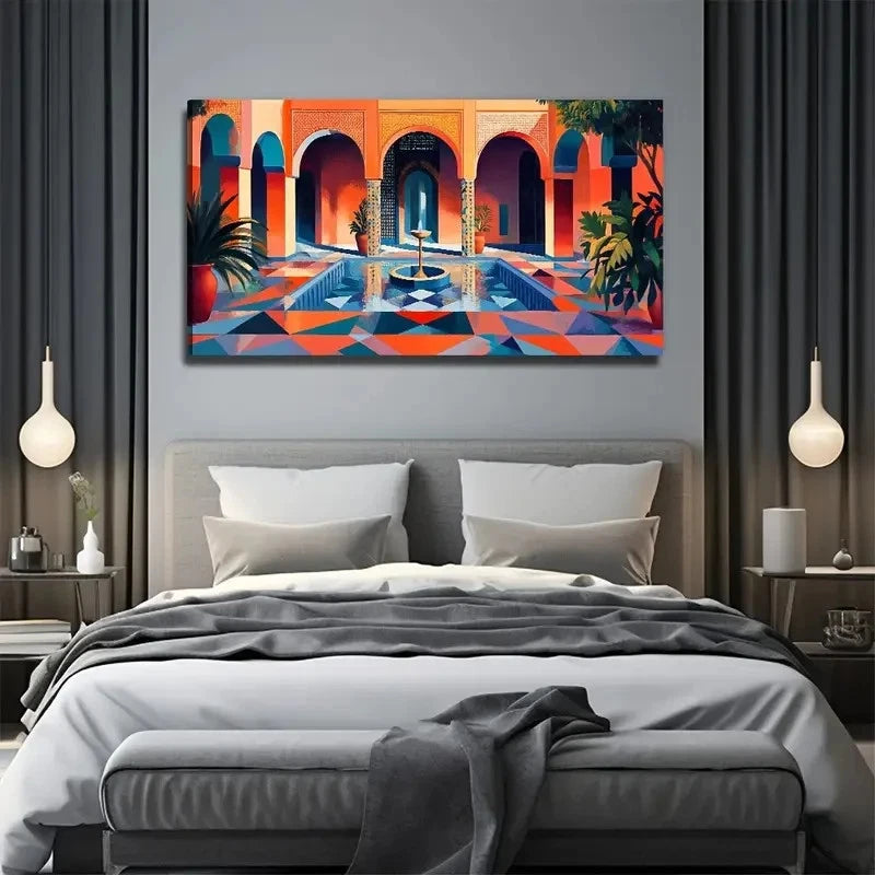 Modern Bohemian Courtyard Lands Wall Art Canvas Office Home Room Framed 120x60cm
