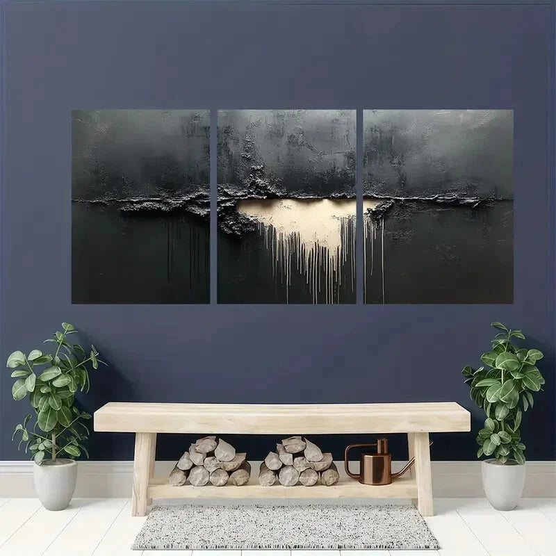 3pcs Black and Grey Abstract Paintings Metal Print Ready to Hang Art - Bella Home Decor