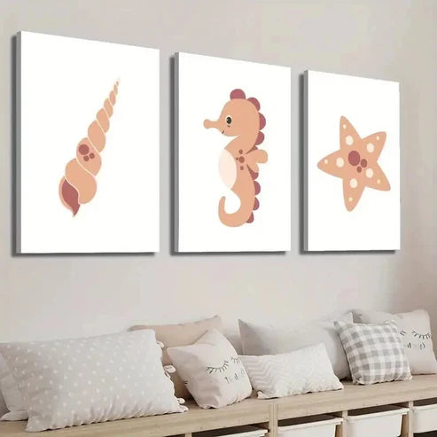 3pcs Cute Seahorse Spiral Shell Starfish Wall Art Set Canvas Unframed - High Quality Print 100% Australian Made Wall Canvas