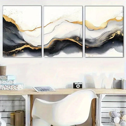 3pcs Abstract Ink Black White and Golden Metal Print Ready to Hang Art - Bella Home Decor